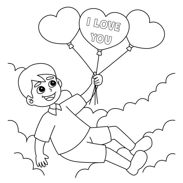 Valentines day boy holding balloons coloring stock illustration