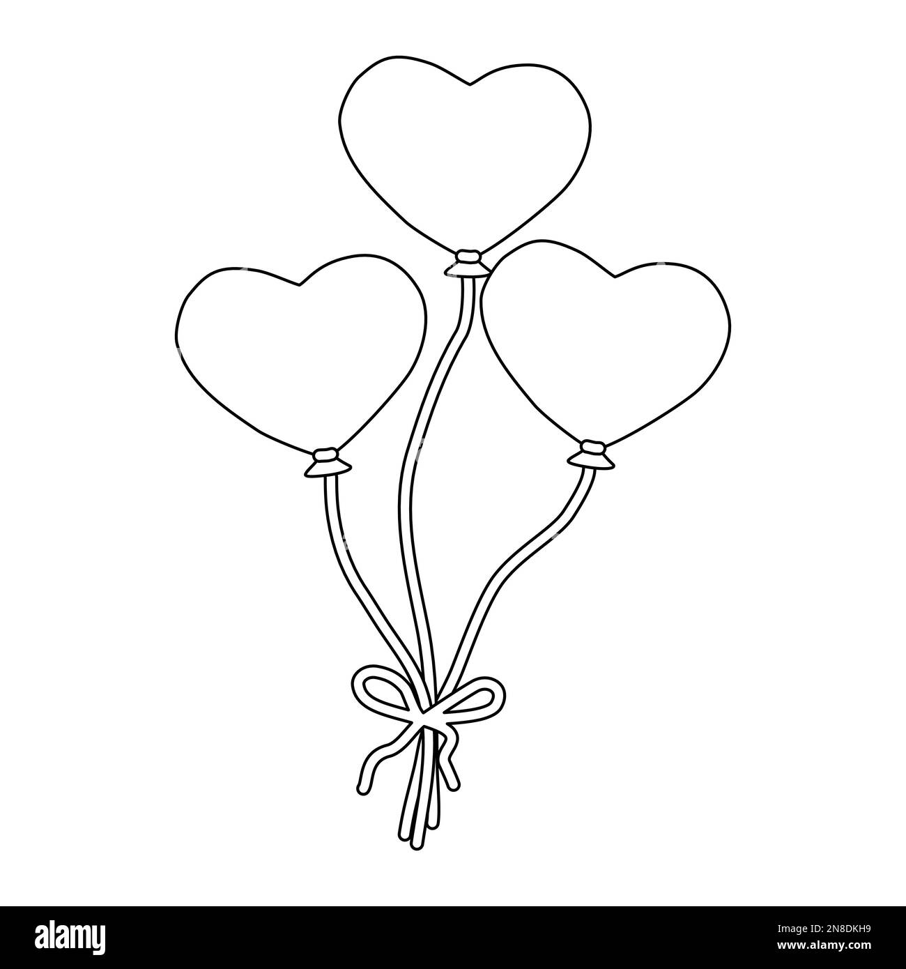 Red heart shaped balloons with blue ribbon design element for valentines day flat vector outline illustration for coloring book stock vector image art