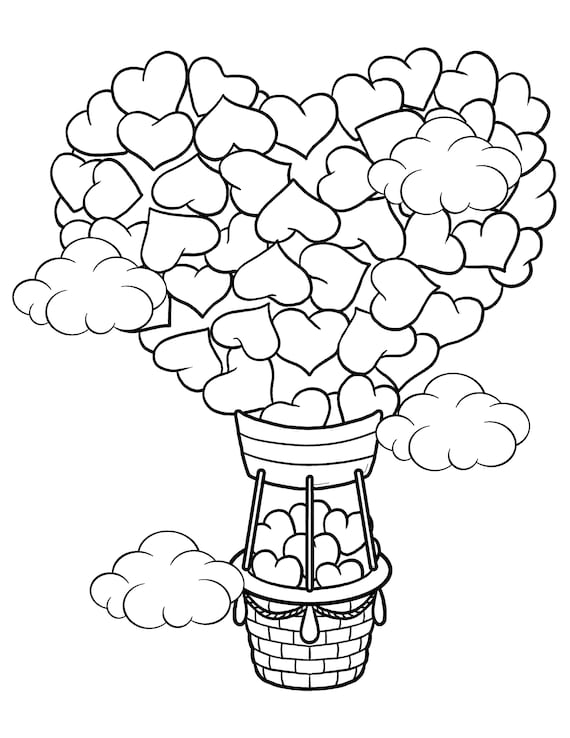 Hearts hot air balloon coloring page digital download heart printable pdf instant download