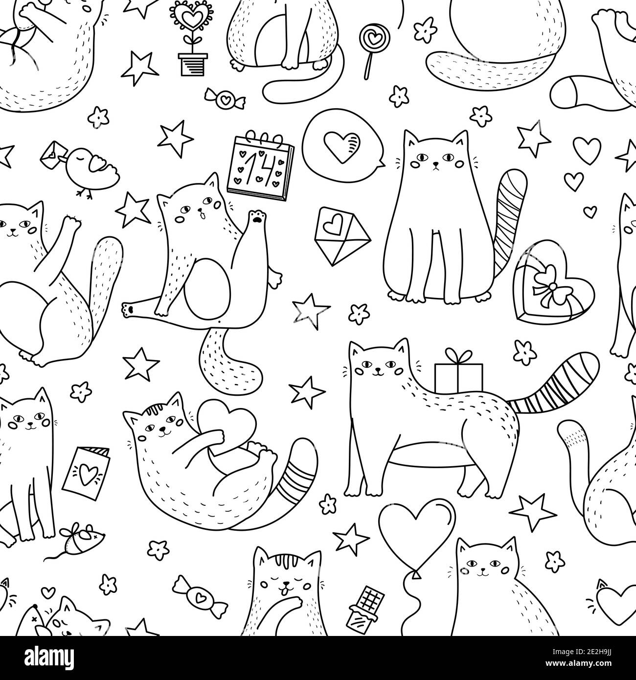 Funny doodle cats with gifts balloons and sweets valentines day seamless pattern black and white outline vector illustration coloring page stock vector image art