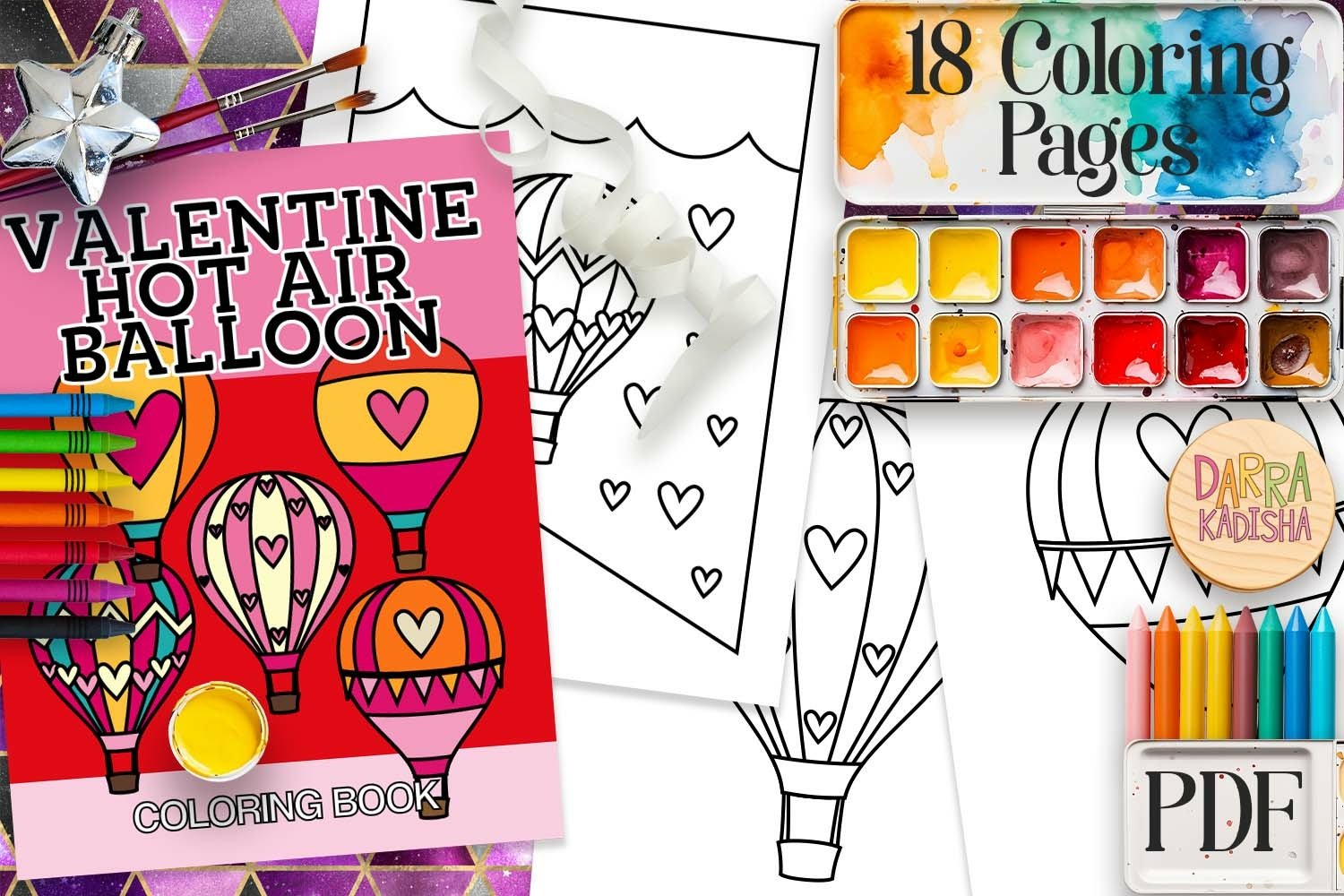 Hot air balloons valentine coloring book