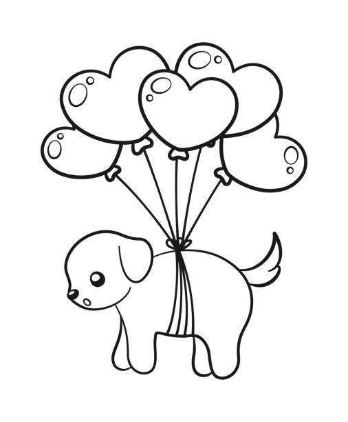 Puppy floating tied to heart balloons valentines day coloring book page activity for kids stock illustration