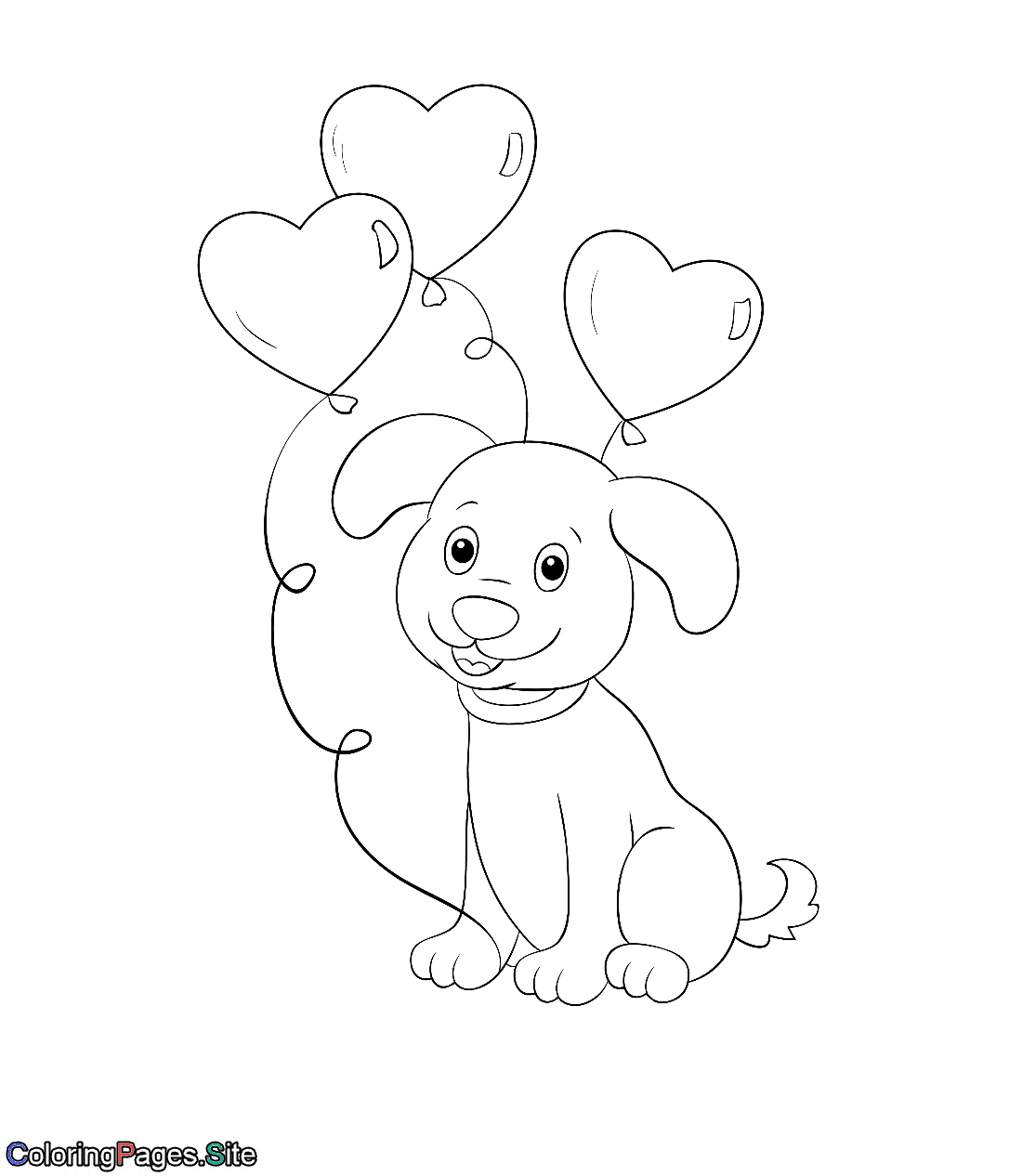 Valentines cute dog holding heart balloons coloring page