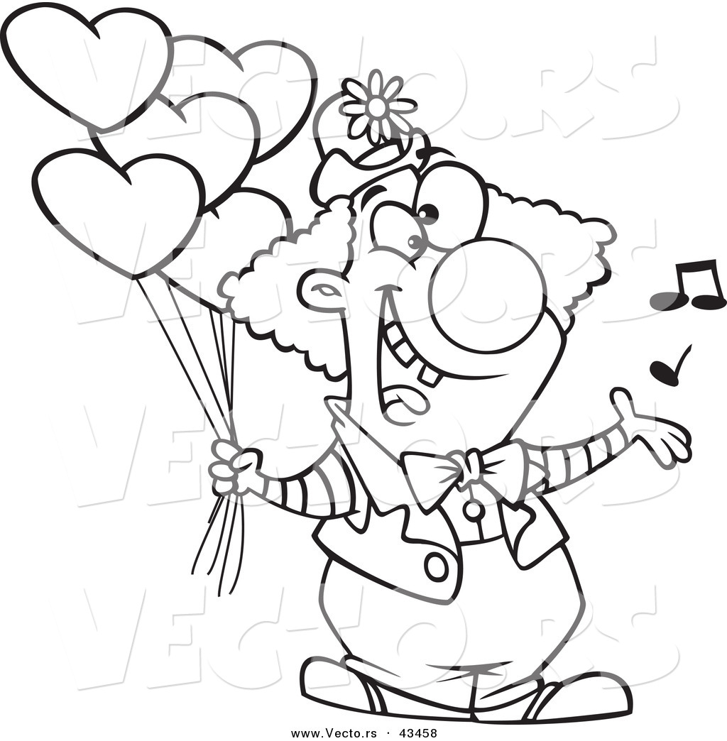 R of a happy cartoon clown singing and holding valentines day balloons