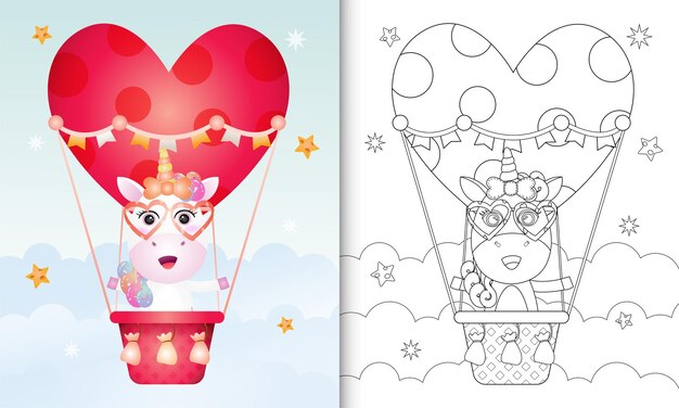 Premium vector coloring book for kids with a cute unicorn female on hot air balloon love themed valentine day