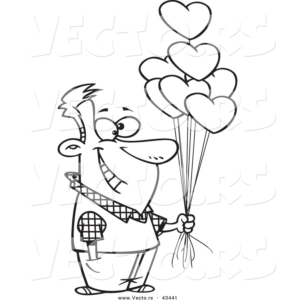 R of a happy cartoon man holding out valentine heart balloons