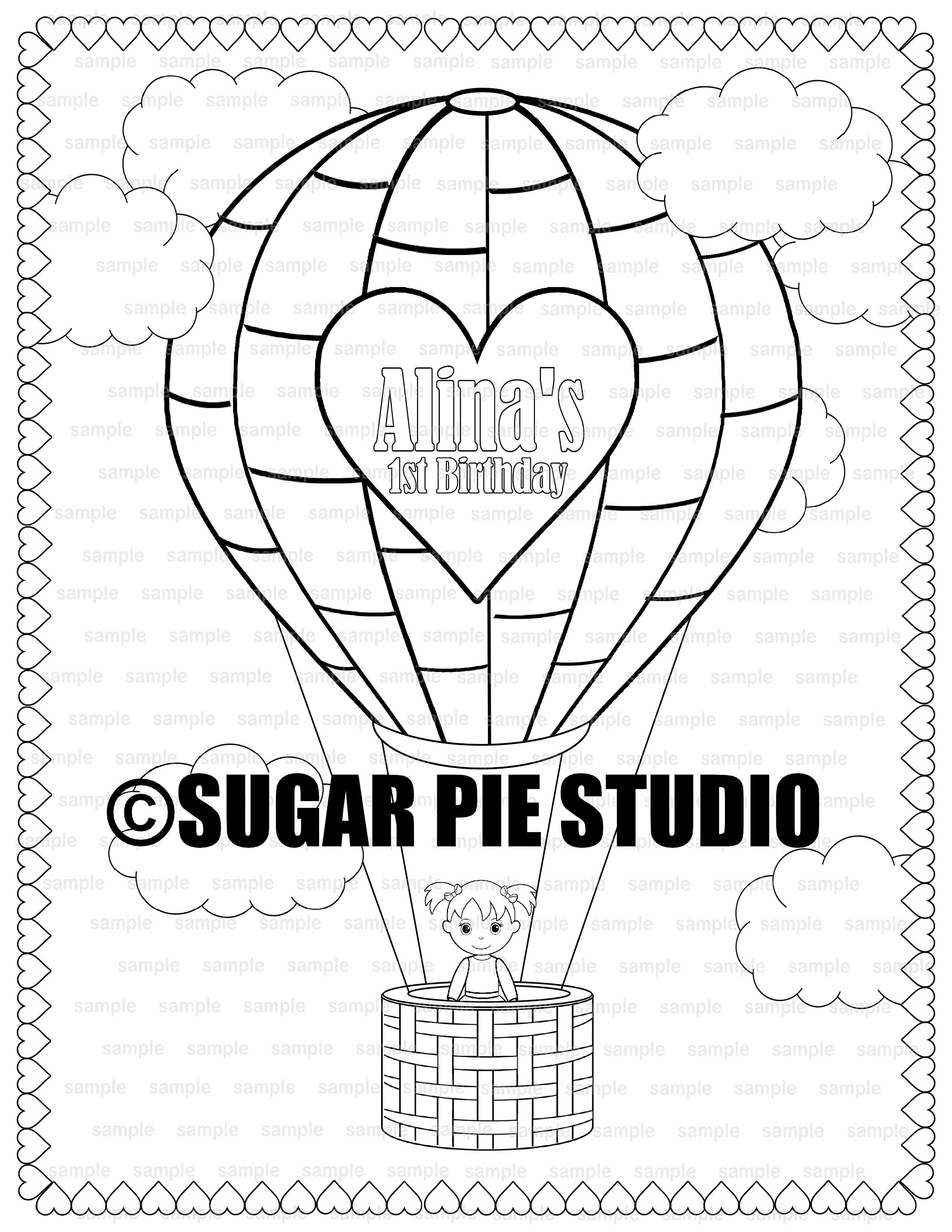 Personalized hot air balloon coloring page birthday party favor colouring activity sheet personalized printable template