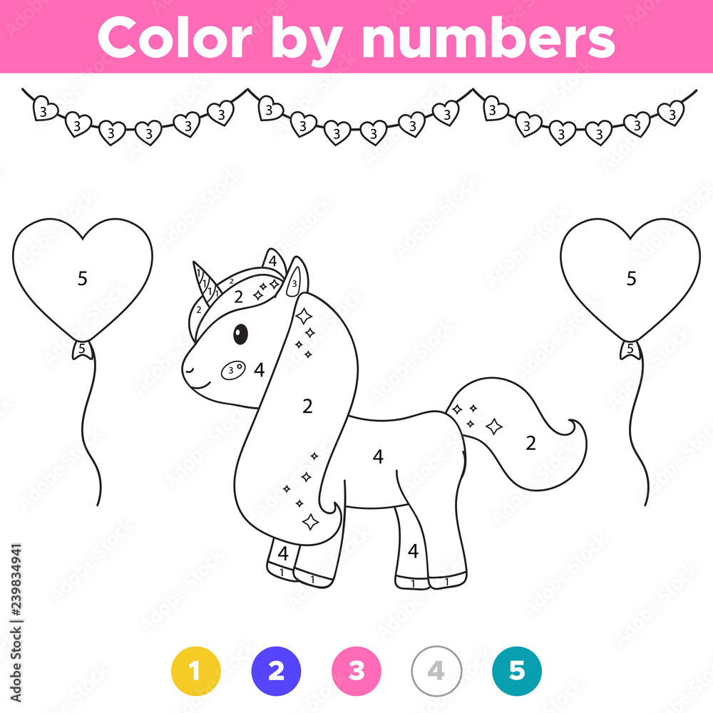 Number coloring page cute cartoon unicorn with balloons valentines day educational game for preschool kids vector illustration vector