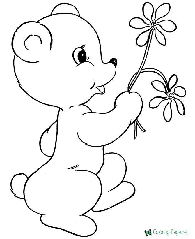 Valentines day coloring pages flowers and bear