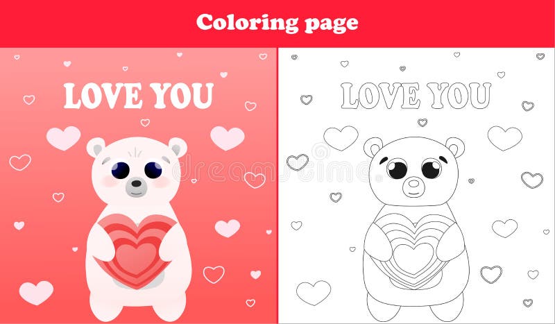 Printable worksheet with coloring page for valentine day with cute bear character holding heart candy and love text stock vector