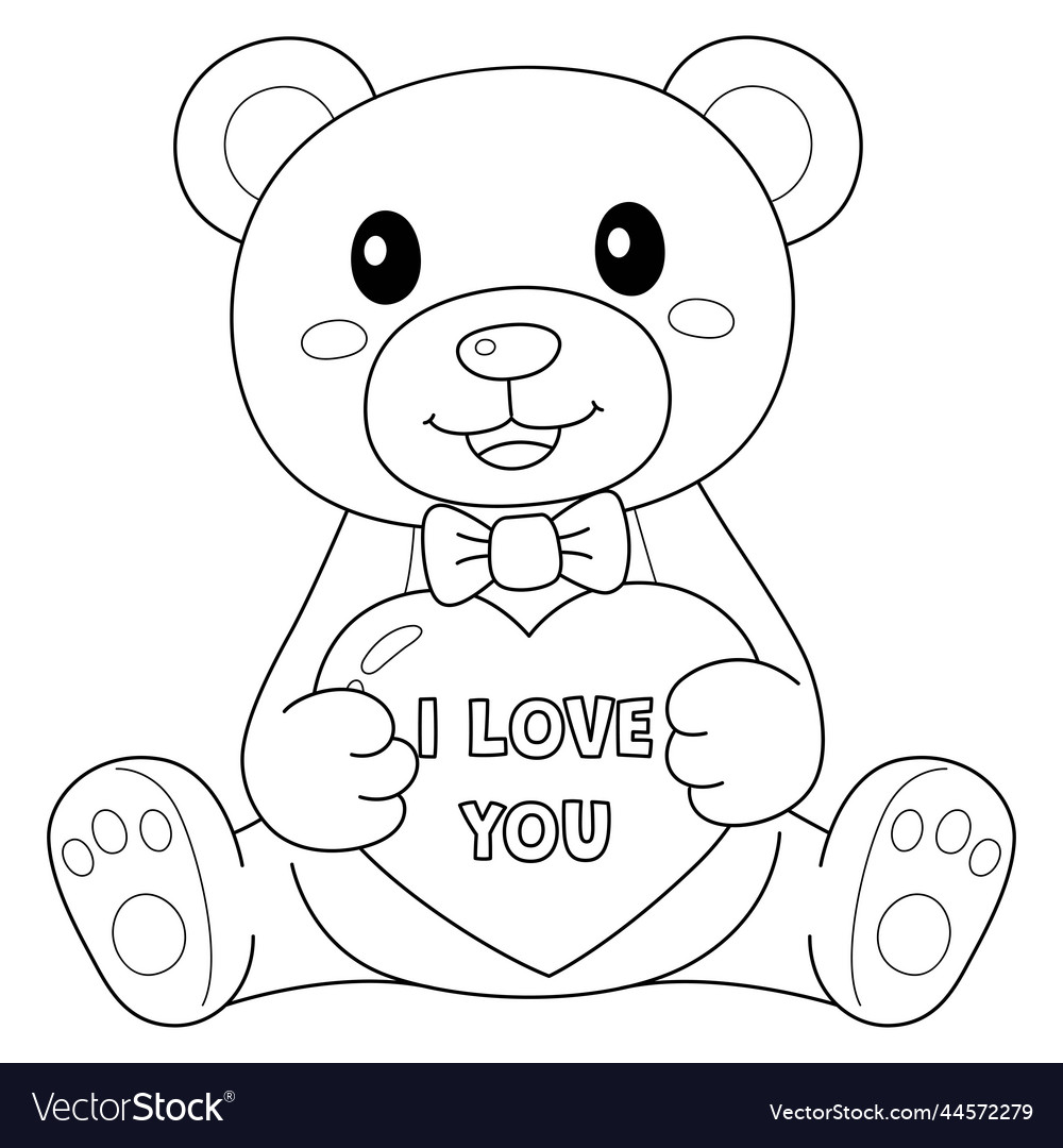 Valentines day teddy bear isolated coloring page vector image