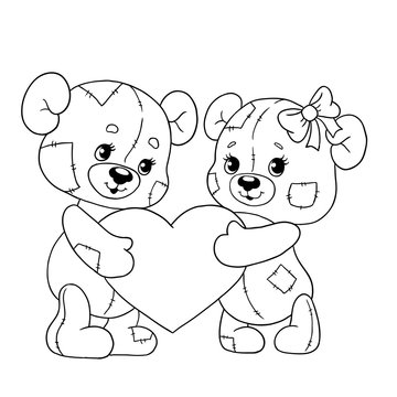 Cute bear cubs with a heart teddy bears for valentines day vector illustration line for coloring book vector