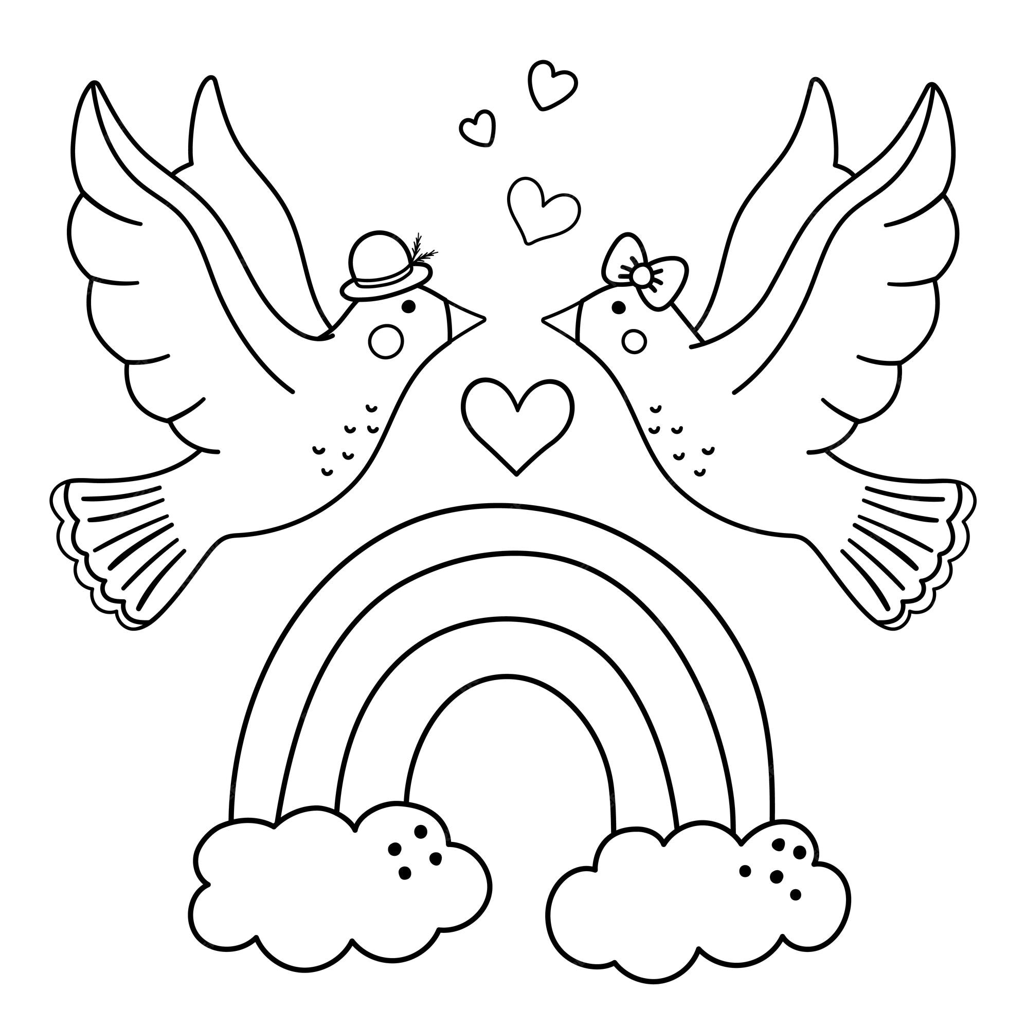 Premium vector vector saint valentine day black and white background with cute doves and rainbow funny scene with two enamored birds funny illustration or coloring page for kids with love or