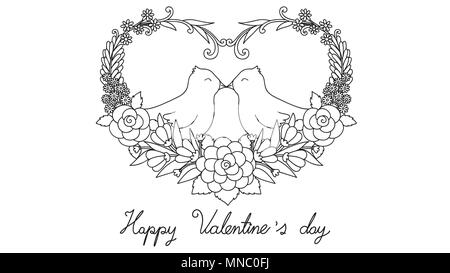 Hand drawn bird couple sitting on hearted shape wreath vector artwork black and white coloring book pages for adults and kids happy valentines day stock vector image art