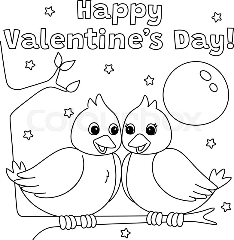 Happy valentines day love birds coloring page stock vector