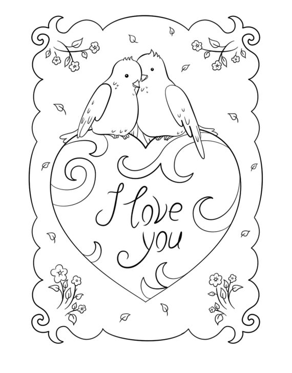 Valentines day coloring page i love you valentine coloring sheet love birds coloring adult coloring kids coloring valentines hearts