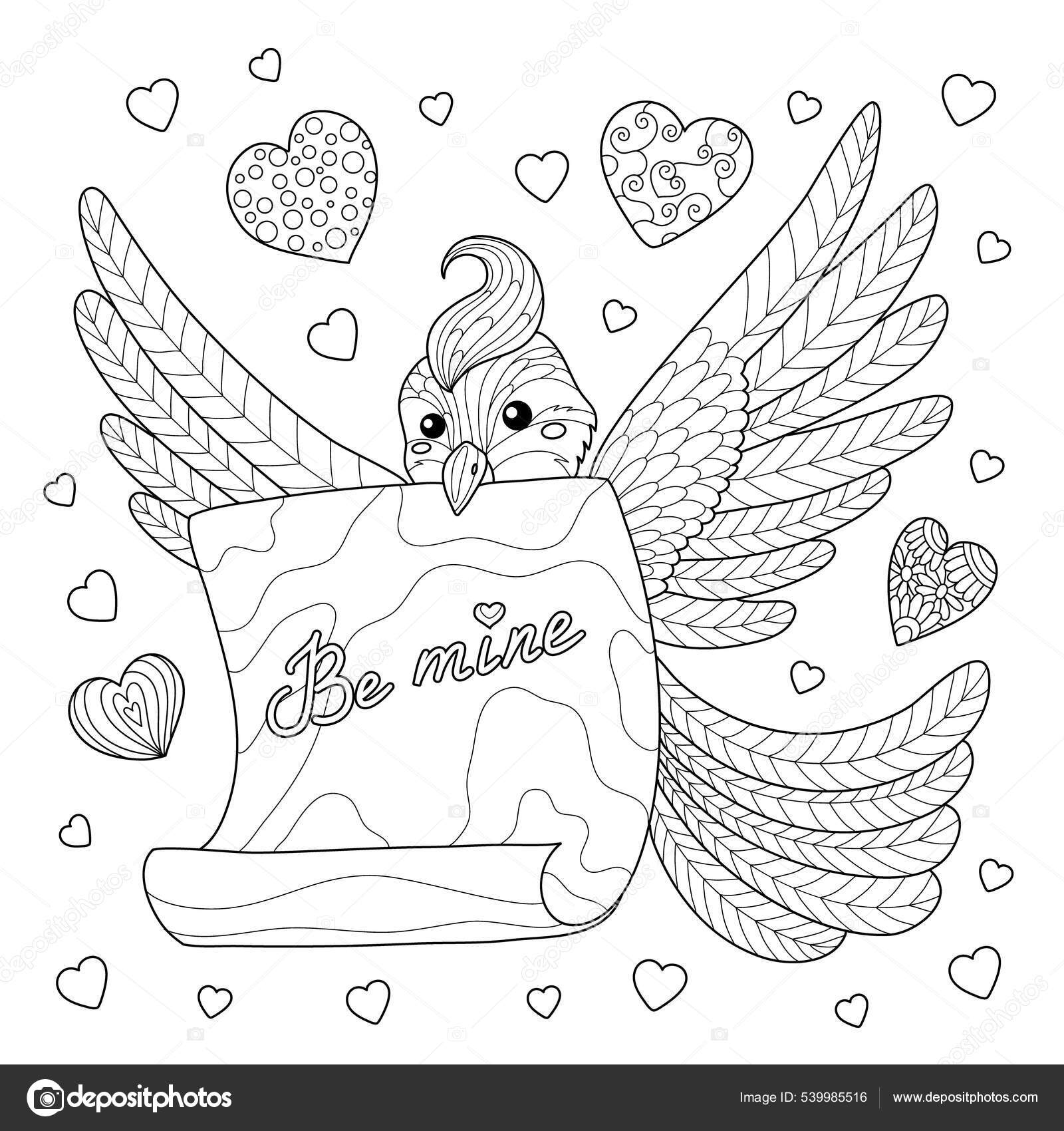 Funny bird love letter message mine valentines day coloring book stock vector by daniellabelaya