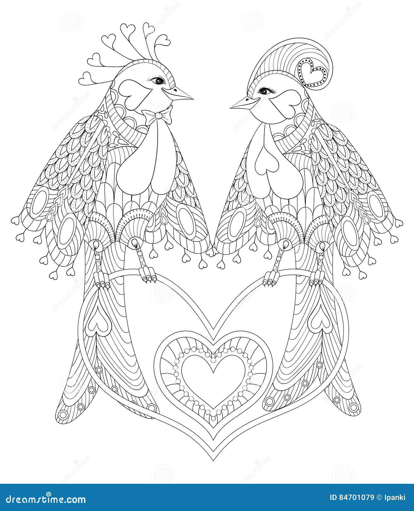 Lovely couple of exotic bird sitting on heart for adult anti stress coloring page st valentine day greeting card art stock vector