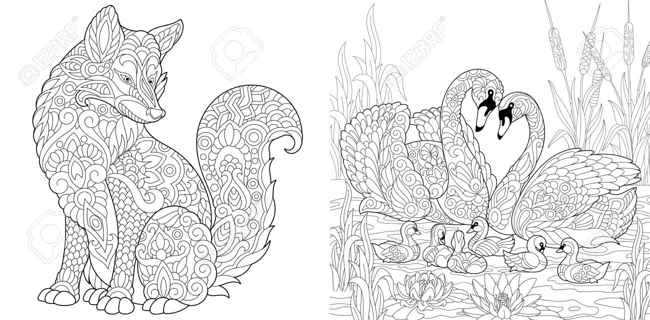 Coloring page adult coloring book set wild fox animal swan birds couple for valentines or family day vintage greeting card antistress freehand sketch collection with doodle and zentangle elements royalty free svg