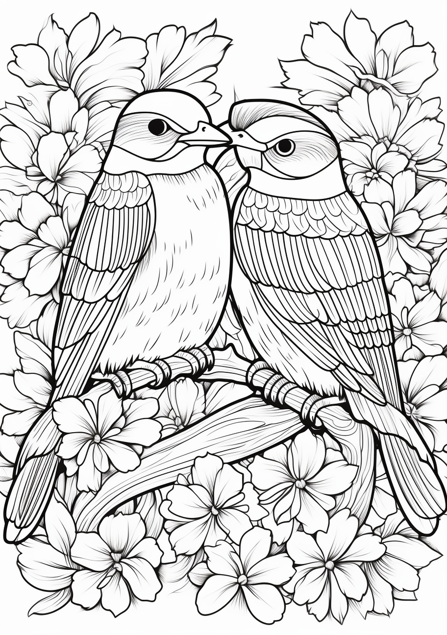 Valentines day lovebirds among flowers