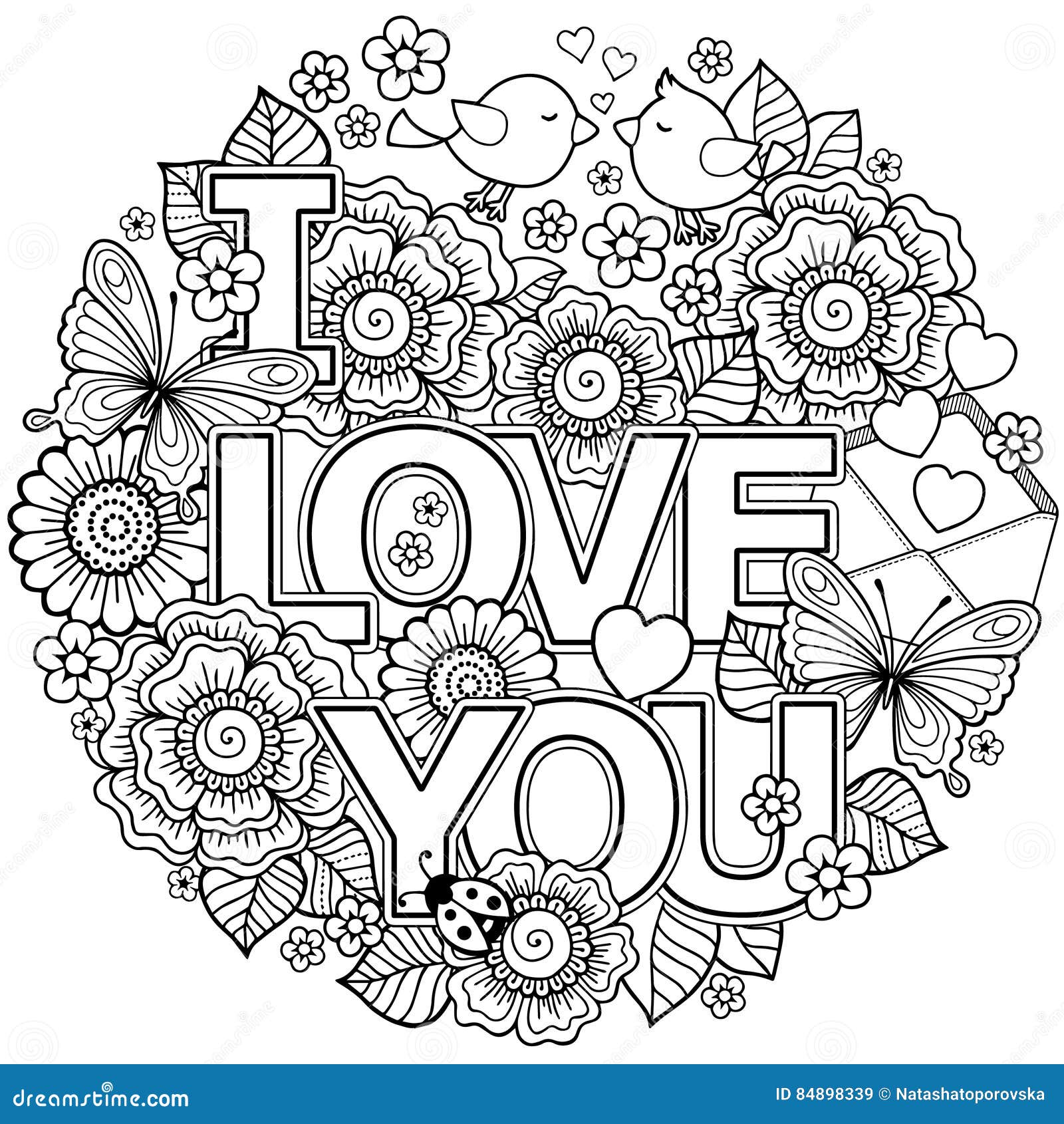 I love you rounder frame made of flowers butterflies birds kissing and the word love stock vector