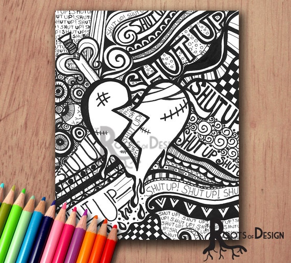 Instant download coloring page broken heart anti