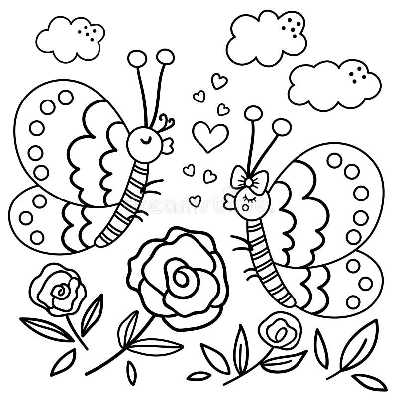 Vector saint valentine day black and white background with cute insects funny scene with two enamored butterflies in the garden stock vector