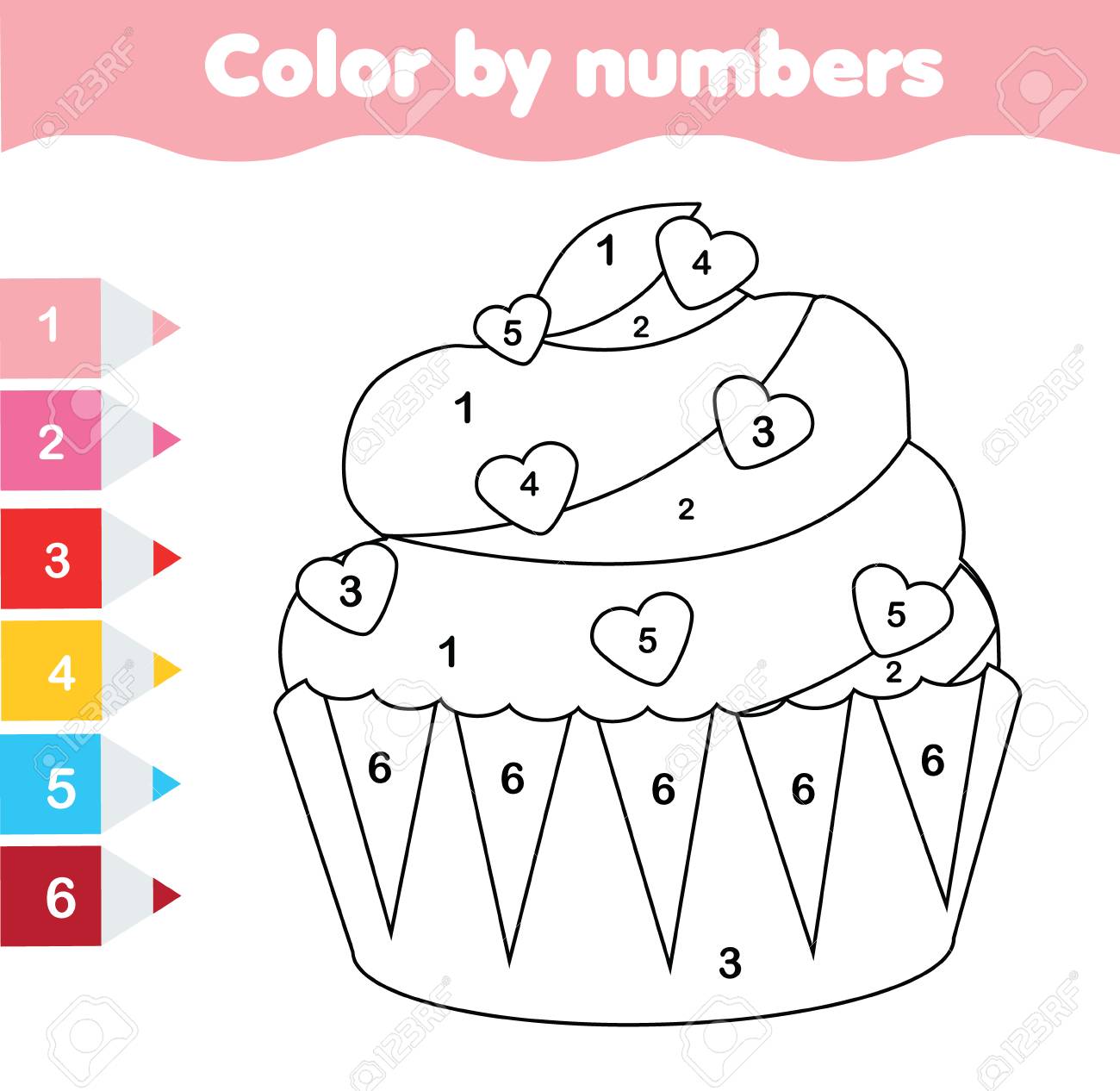 Children educational game coloring page with valentines day cupcake color by numbers printable activity worksheet for toddlers and pre school age royalty free svg cliparts vectors and stock illustration image