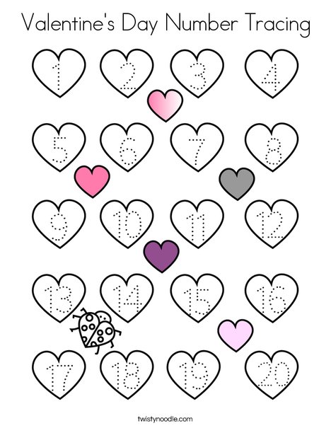 Valentines day number tracing coloring page