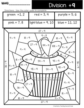 Valentines day color by number division by teaching second grade