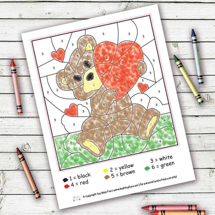 Valentines day color by numbers worksheets