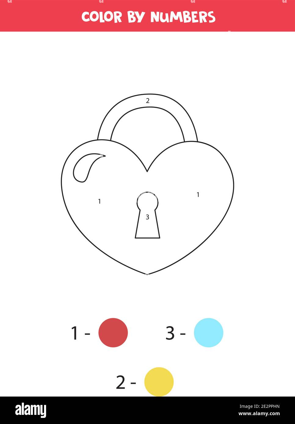 Color cute cartoon valentine lock in shape of heart by numbers coloring page for kids stock vector image art