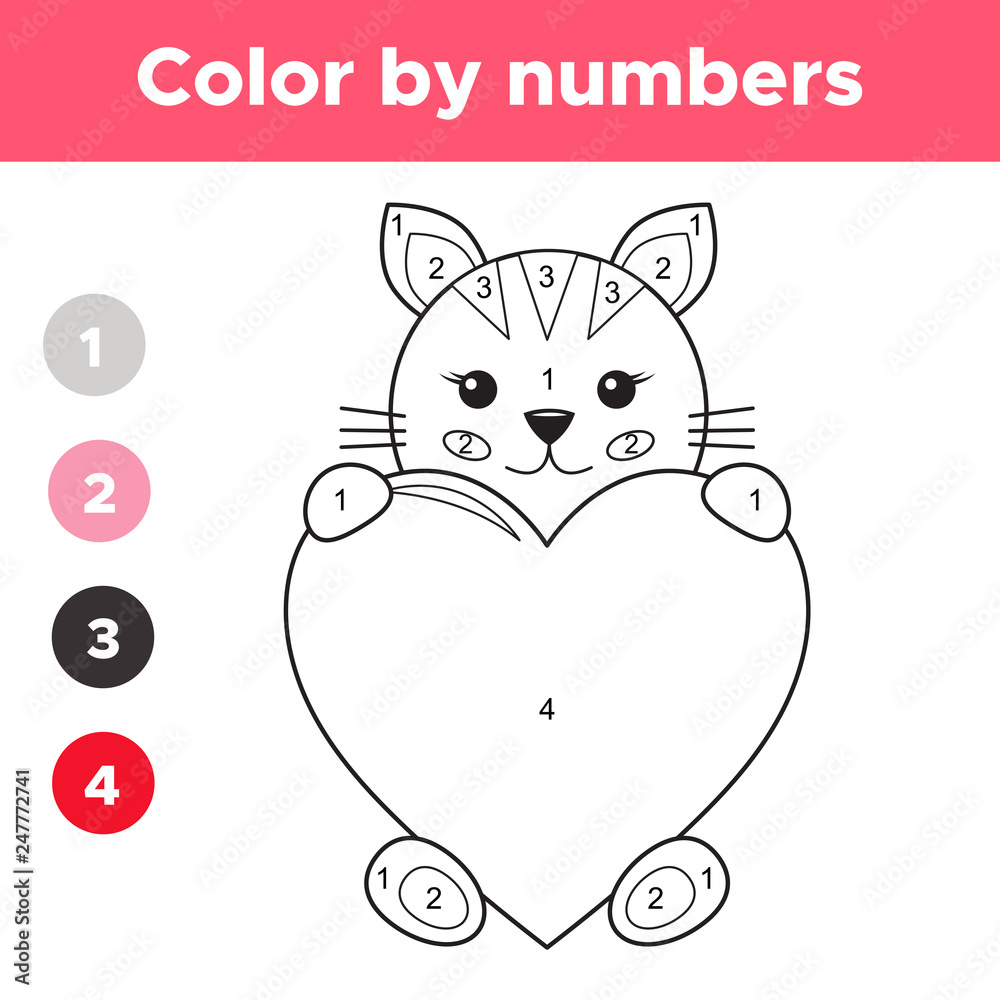 Color by numbers for preschool kids valentines day cartoon kawaii cat with big heart coloring page or book educational math game vector illustration vector