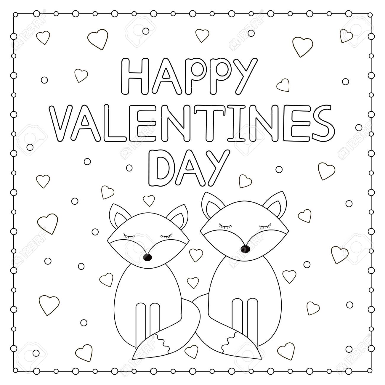 Happy valentine day card with cute foxes and hearts coloring page vector illustration royalty free svg cliparts vectors and stock illustration image