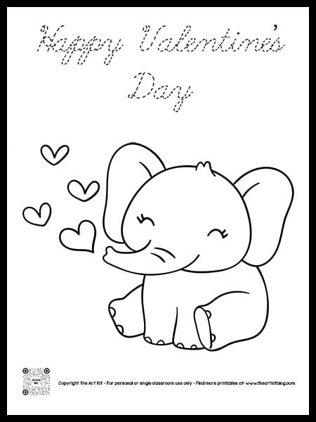 Happy valentines day elephant and hearts coloring page cursive font â the art kit