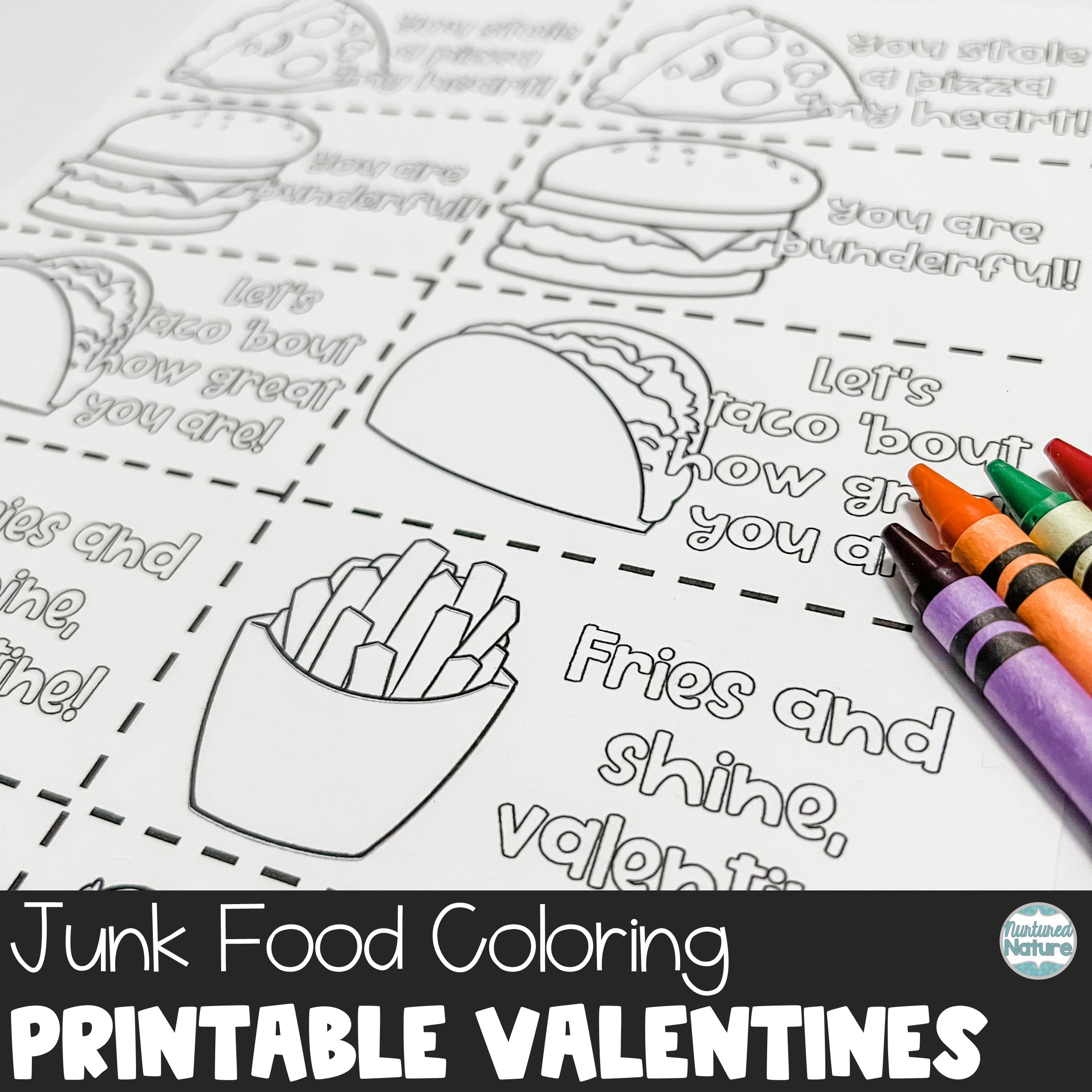 Junk food coloring valentines day cards printable made by teachers