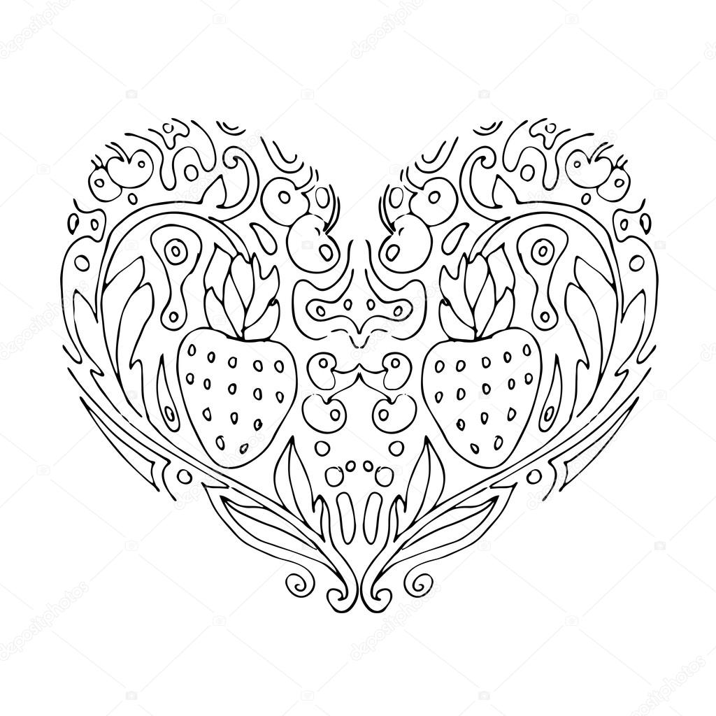 Decorative love heart with flowers and berries valentines day card coloring book for adult and children coloring page outline drawing vector printable typography for posters flyers cards t