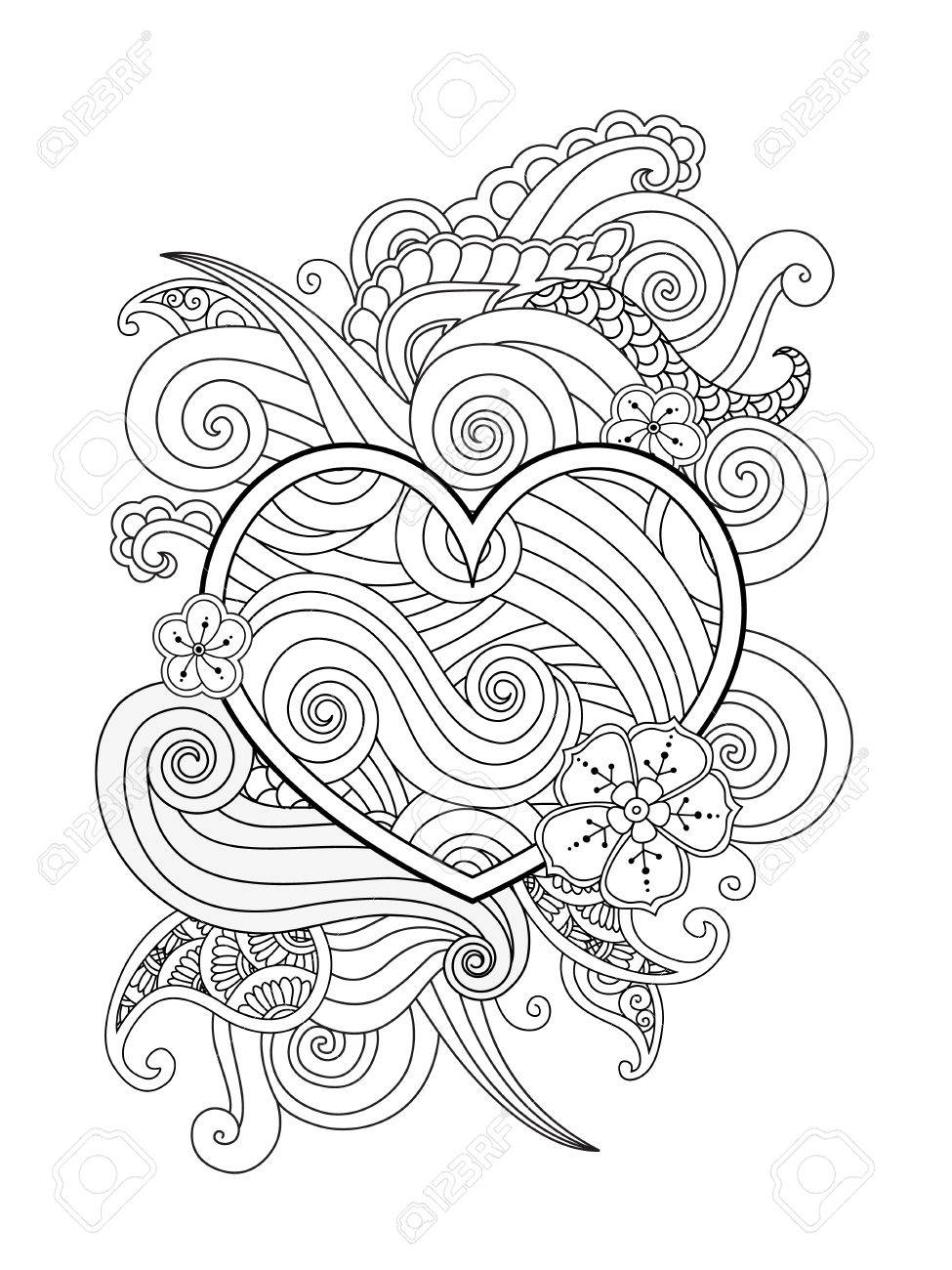 Coloring page with heart and abstract element isolated happy valentines day graphic for print card vertical position coloring book for adult and older children editable vector illustration royalty free svg cliparts vectors