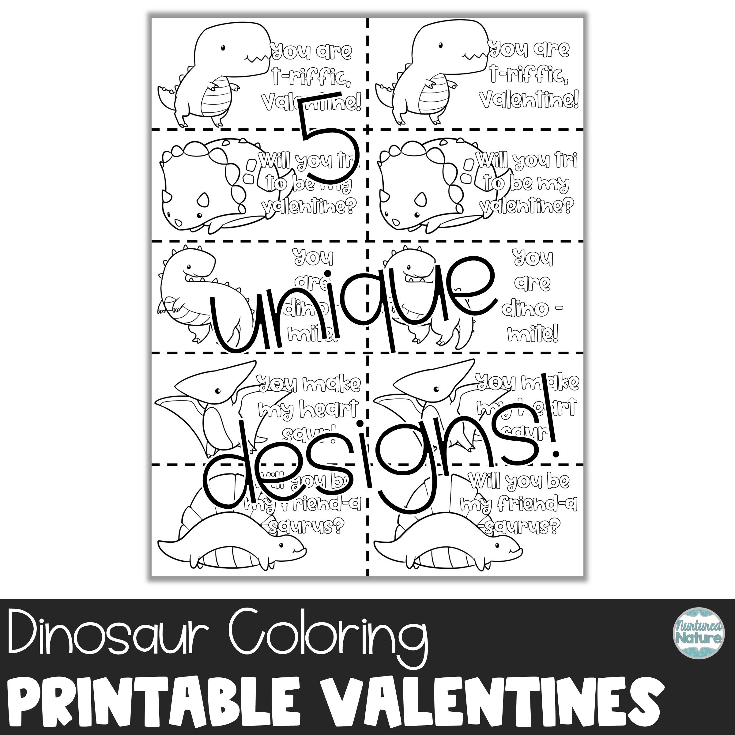 Dinosaur coloring valentines day cards printable made by teachers