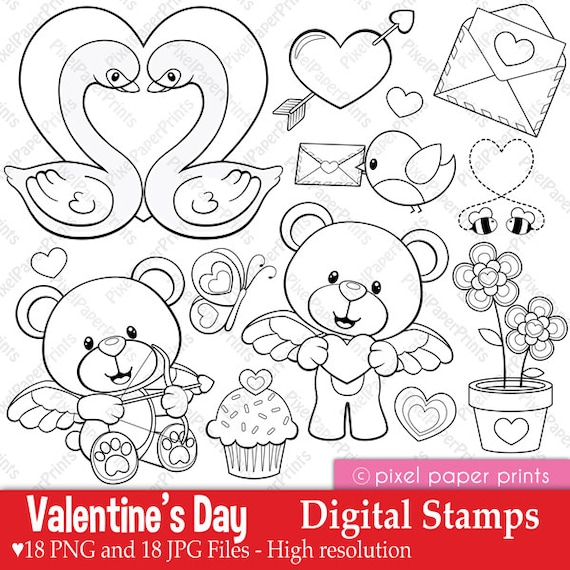 Valentines day digital stamps line art graphics to create coloring pages worksheets cards more png and jpg formats printable