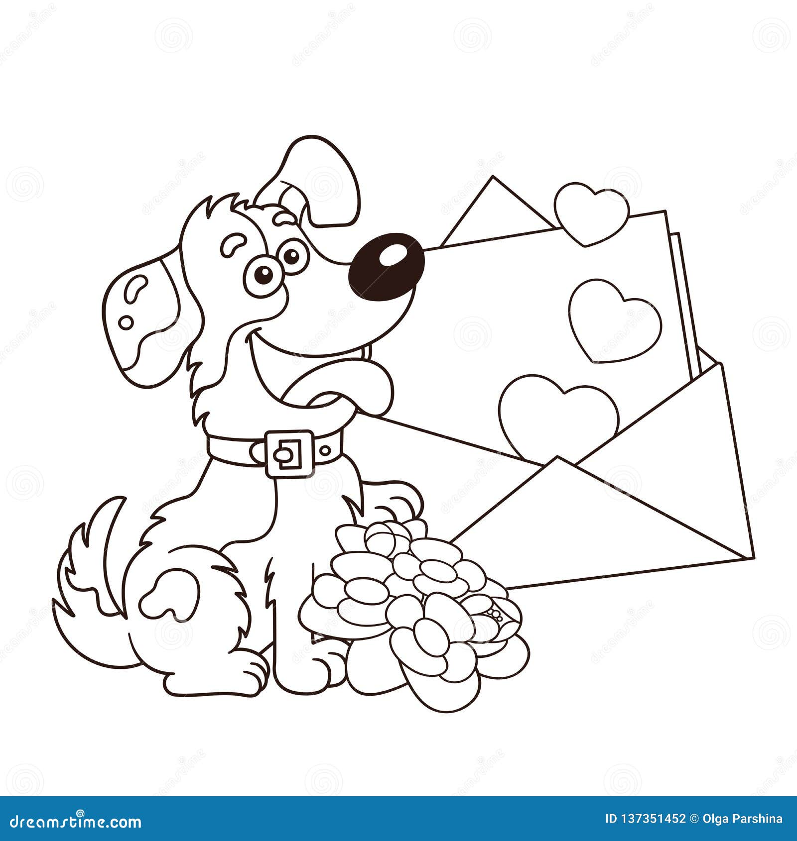 Coloring page outline of cartoon dog with flowers and letter greeting card birthday valentines day stock vector