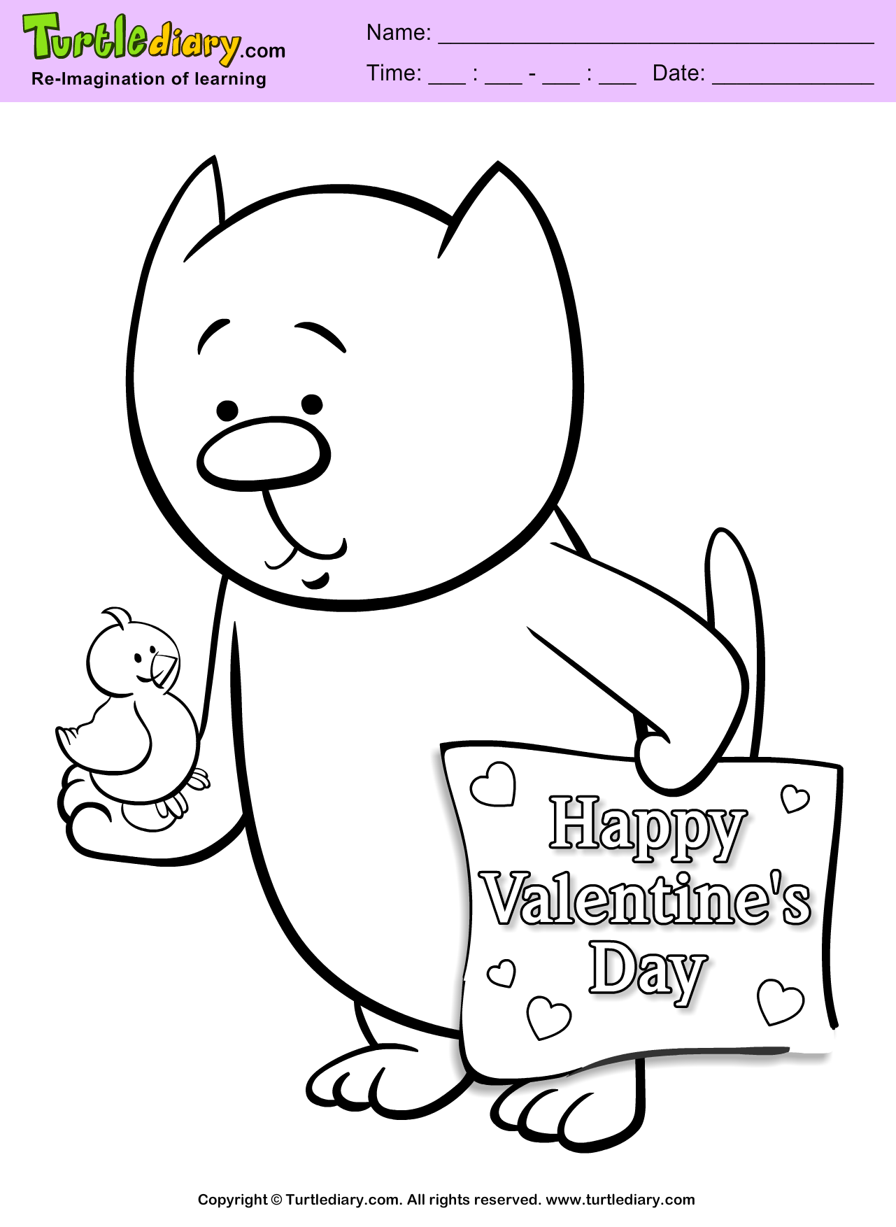 Cat and bird valentine day coloring sheet turtle diary