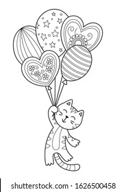 Doodle coloring book page cat balloons stock vector royalty free