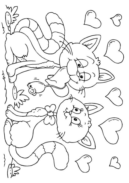 Coloring page valentine cats