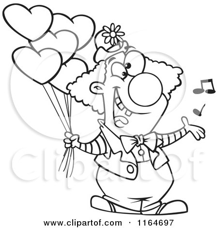 Cartoon of an outlined clown singing and holding valentines day balloons