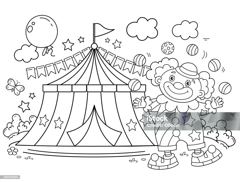 Coloring page outline of cartoon clown with colorful balls circus coloring book for kids stock illustration