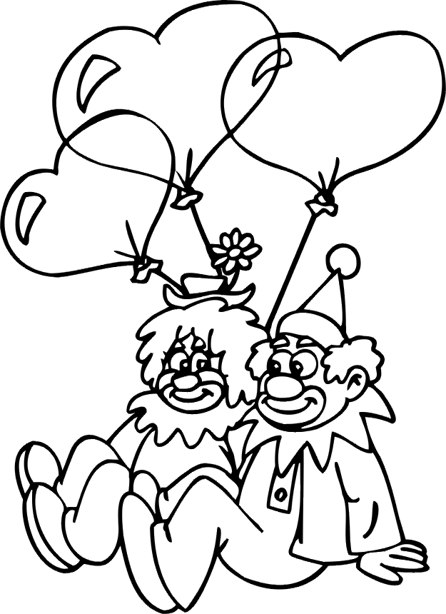 Valentine coloring page two clowns in love