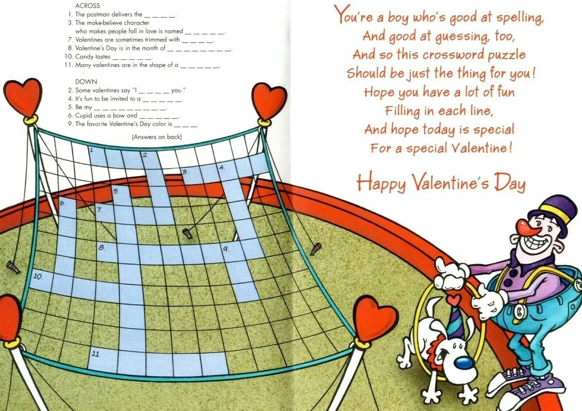 Happy valentines day for boy clown clowns circus crossword theme hallmark card