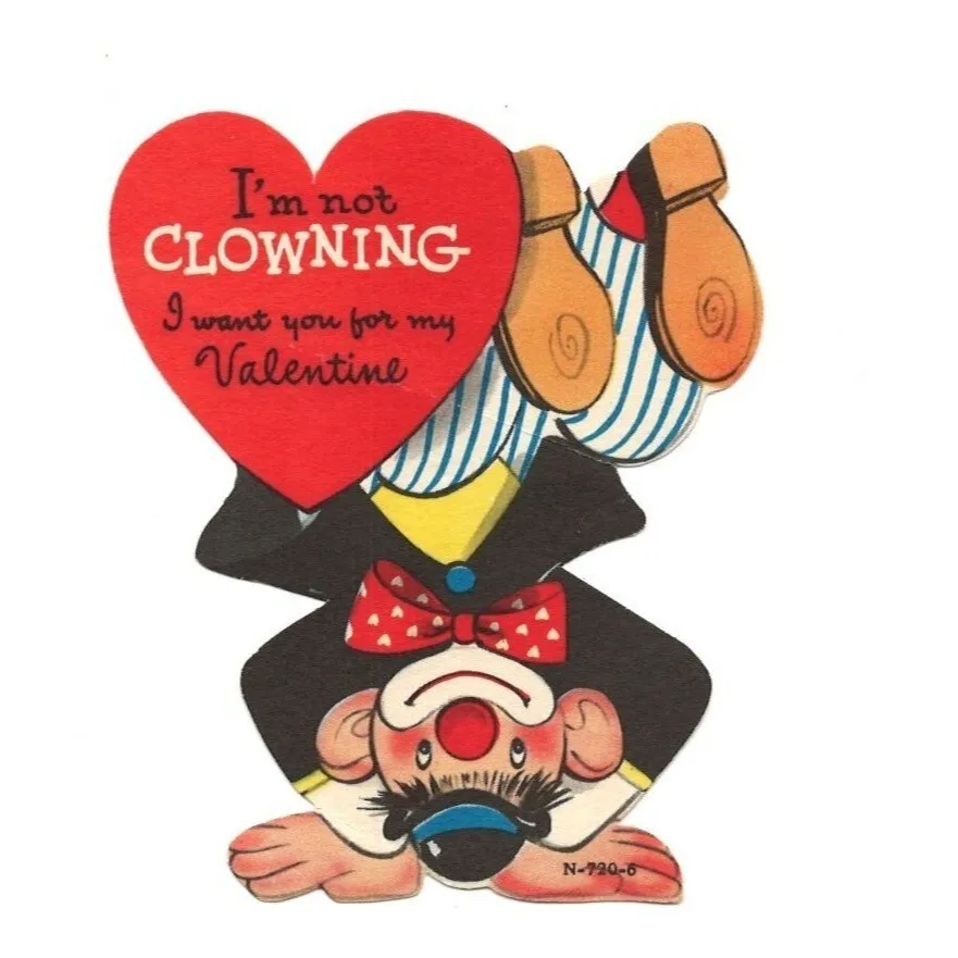 Vintage die cut valentines day card clown red nose bow hand stand heart clowning