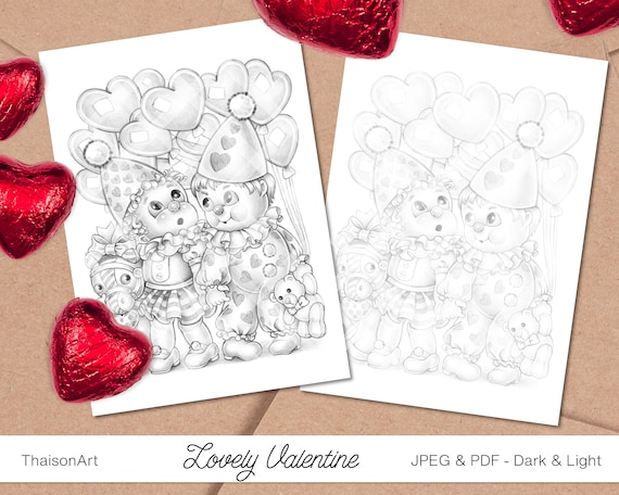 Lovely valentine grayscale coloring page for adults and kids printable pdf jpeg cute couple boy and girl horse bear clown balloon love